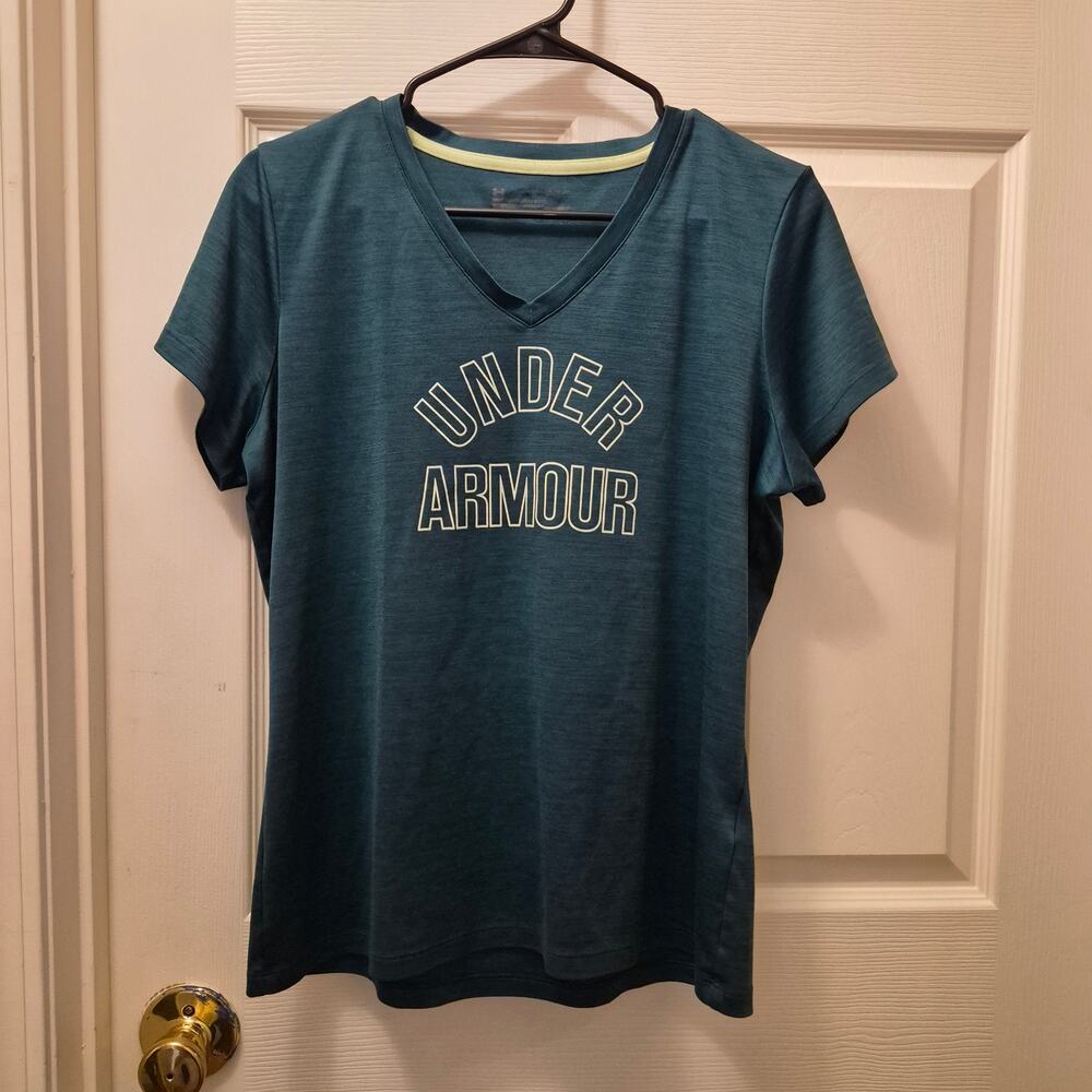 Under Armour Women's Short Sleeve V-Neck Graphic T-Shirt – Teal/Dark Green, L